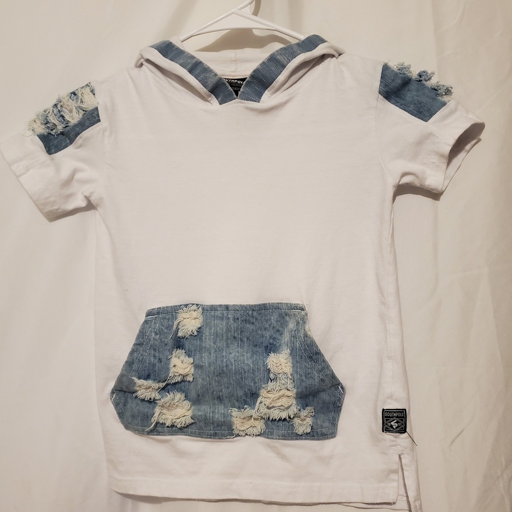 Southpole Kids White Short Sleeve Hoodie Distressed Denim Accents Size M 5